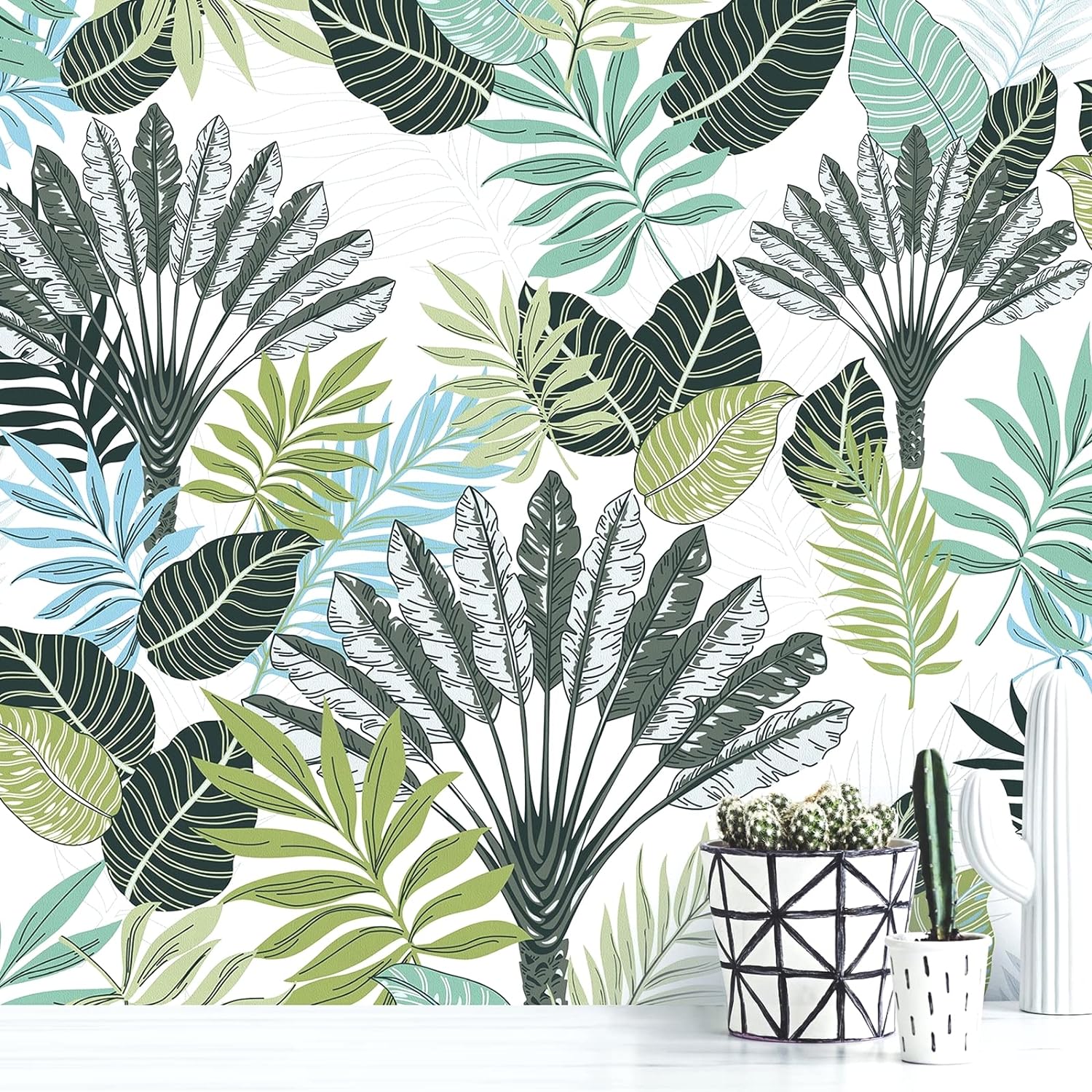Orainege Gray and Green Tropical Leaf Wallpaper