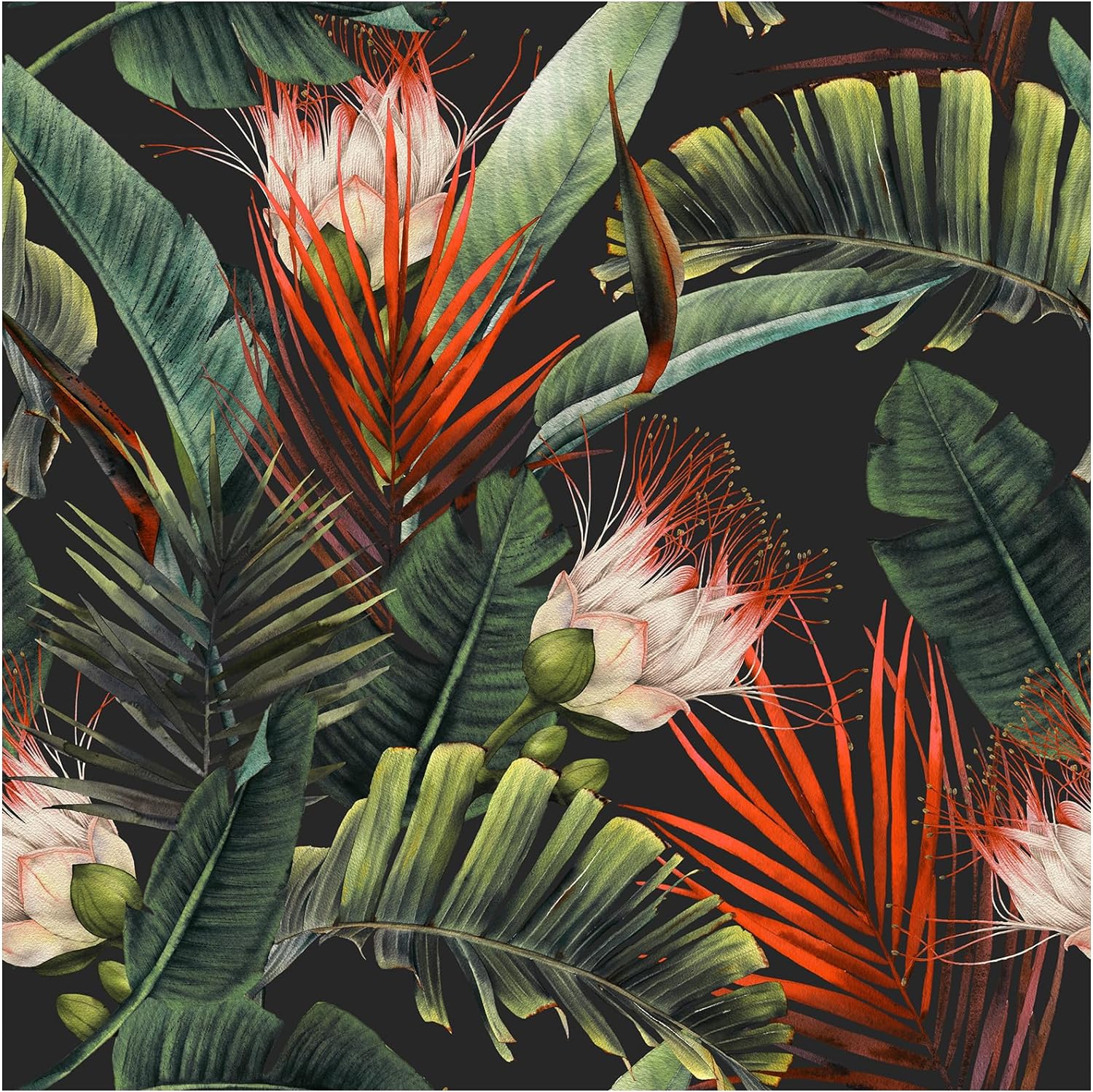 HAOKHOME Black-Green-Red Exotic Floral Wallpaper