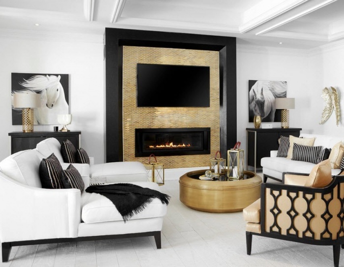 Design and decoration of a modern living room with a fireplace