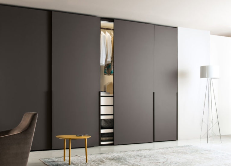 Modern living room design with storage cabinets and wardrobes