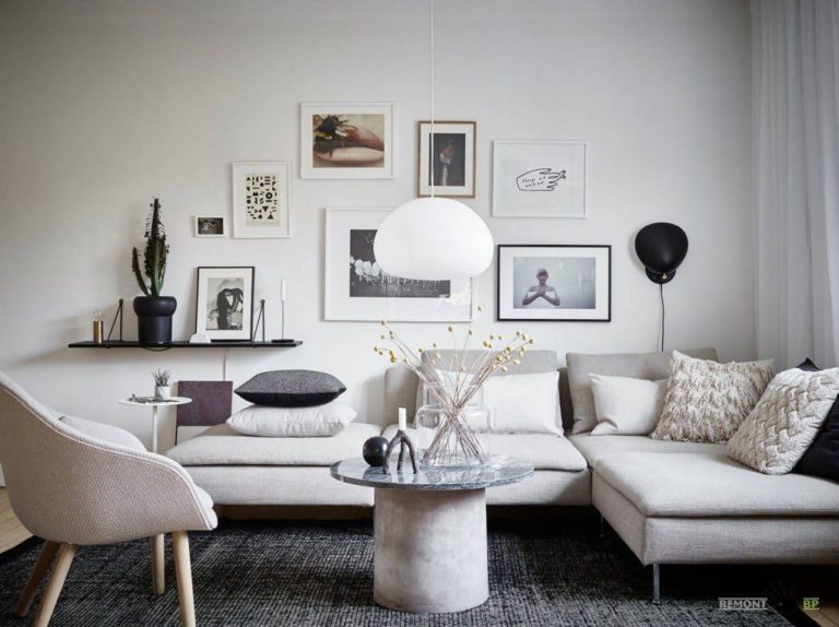 Living room design in white and gray tones