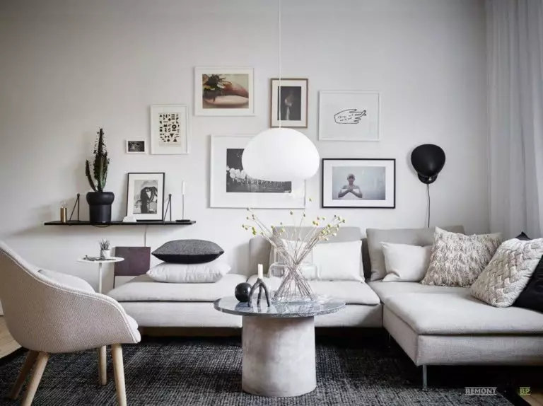 Soggiorno bianco e grigio: caratteristiche di design e decorazione