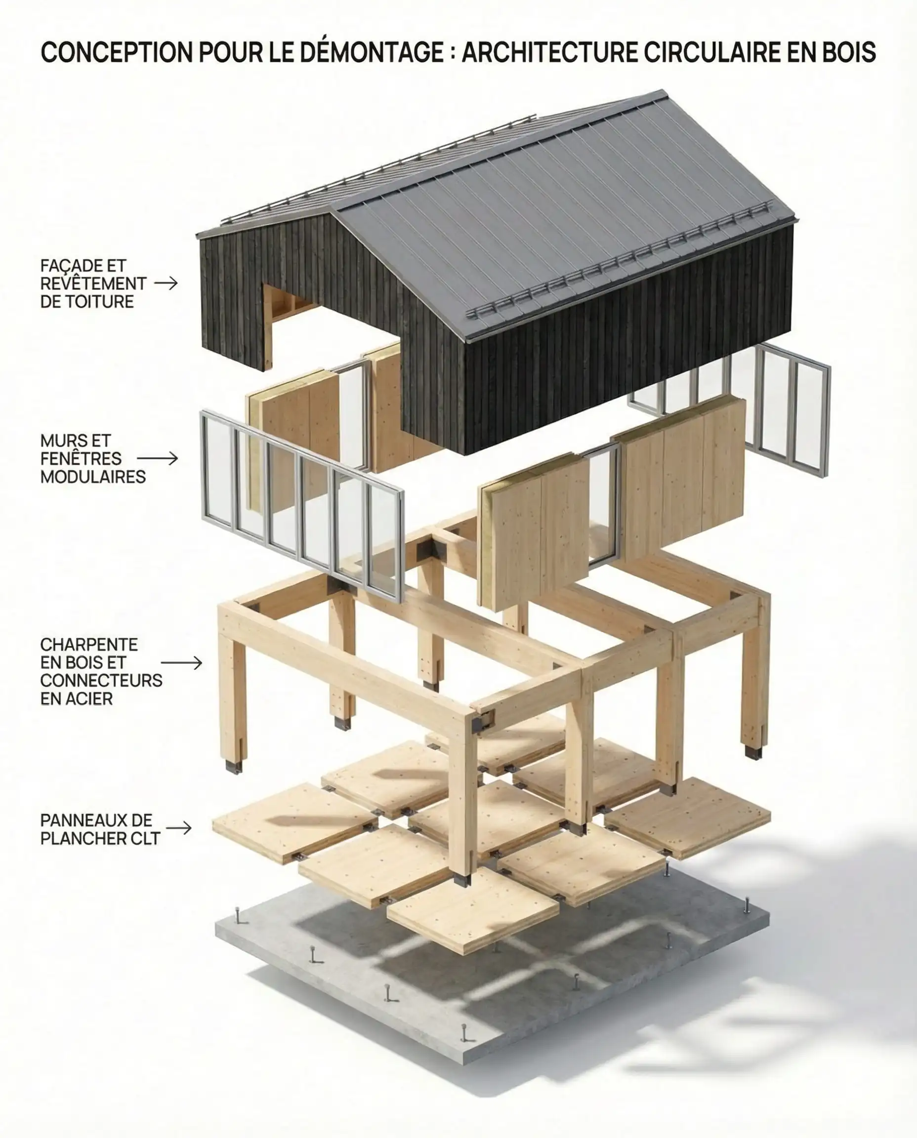 Vue éclatée isométrique d'une maison à ossature bois montrant comment les composants peuvent être démontés et réutilisés.