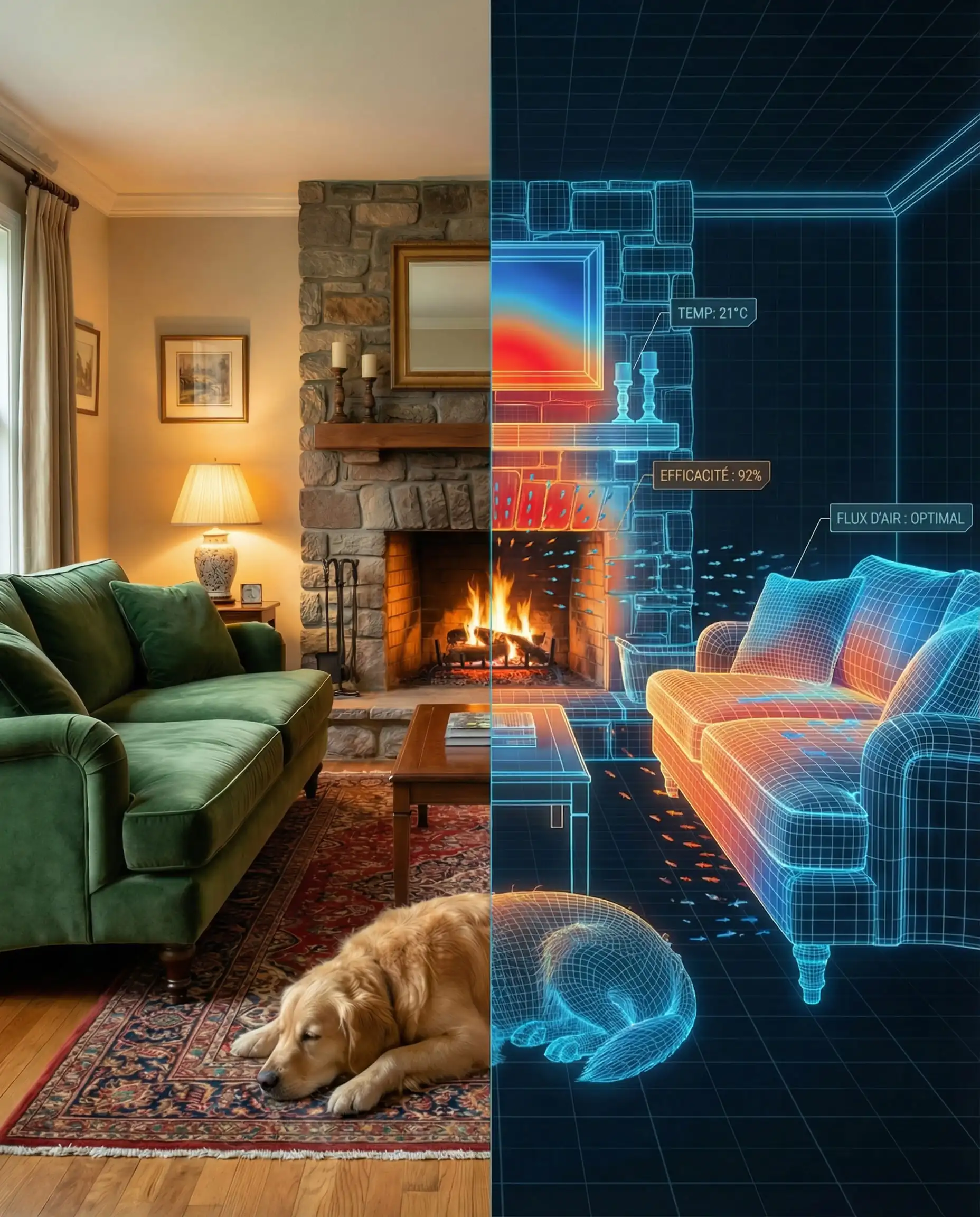Écran partagé montrant un salon confortable à côté de son modèle jumeau numérique BIM filaire avec cartes thermiques.