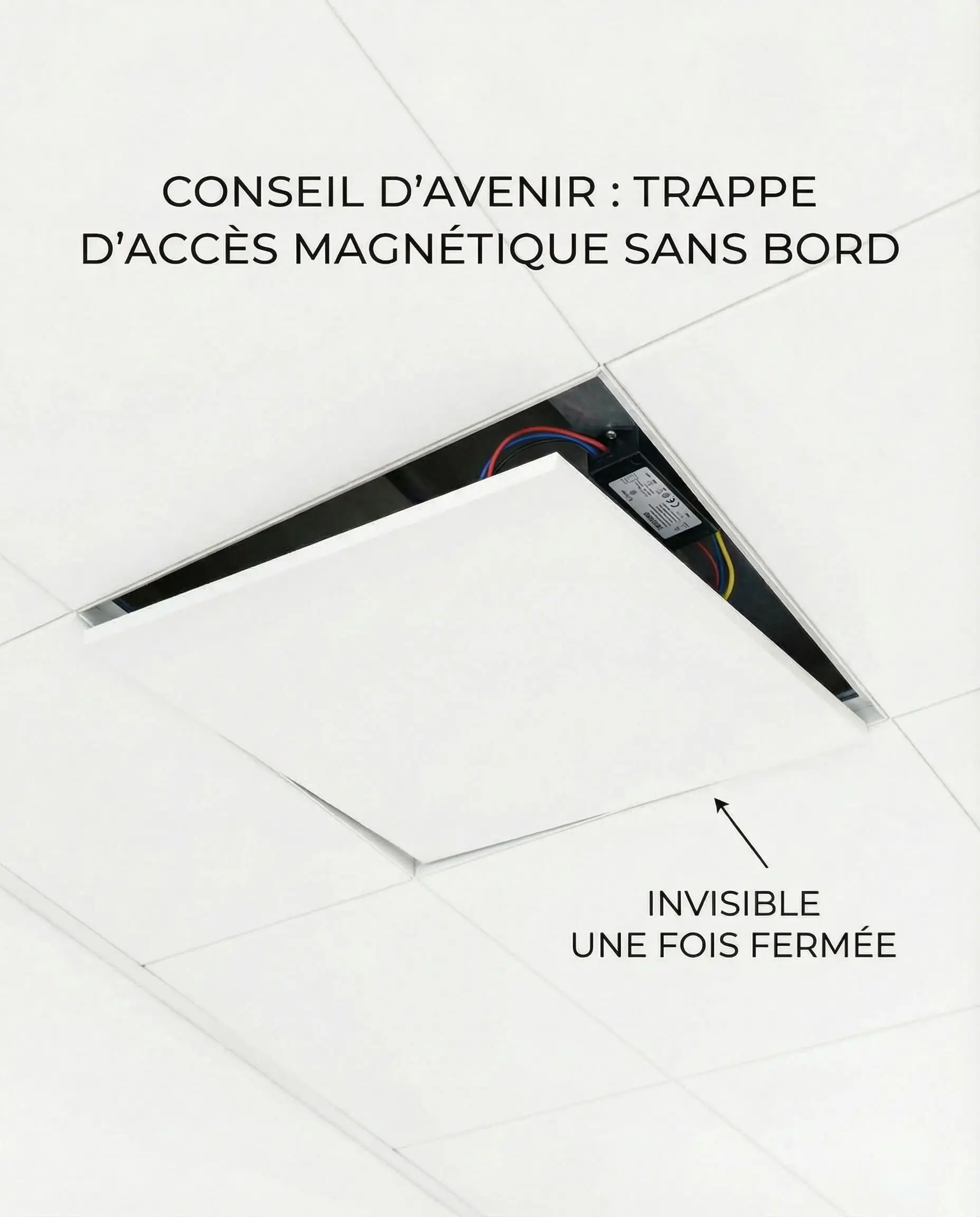 Gros plan sur une trappe d'accès magnétique sans rebord dans un plafond en plâtre blanc, partiellement ouverte pour montrer l'accès aux câbles.
