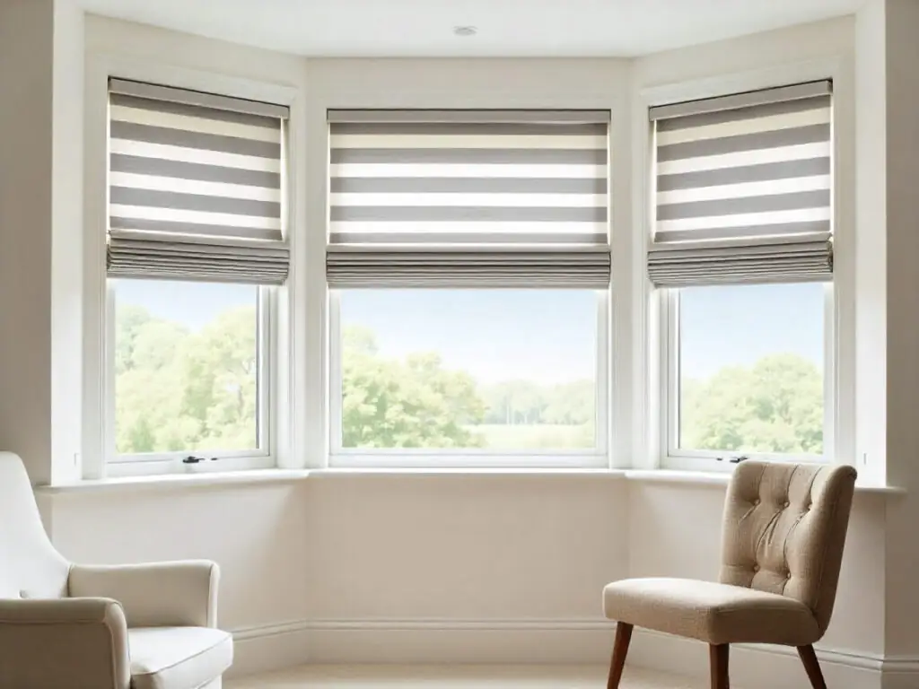 Curved bay of windows fitted with dual-layer zebra shades.
