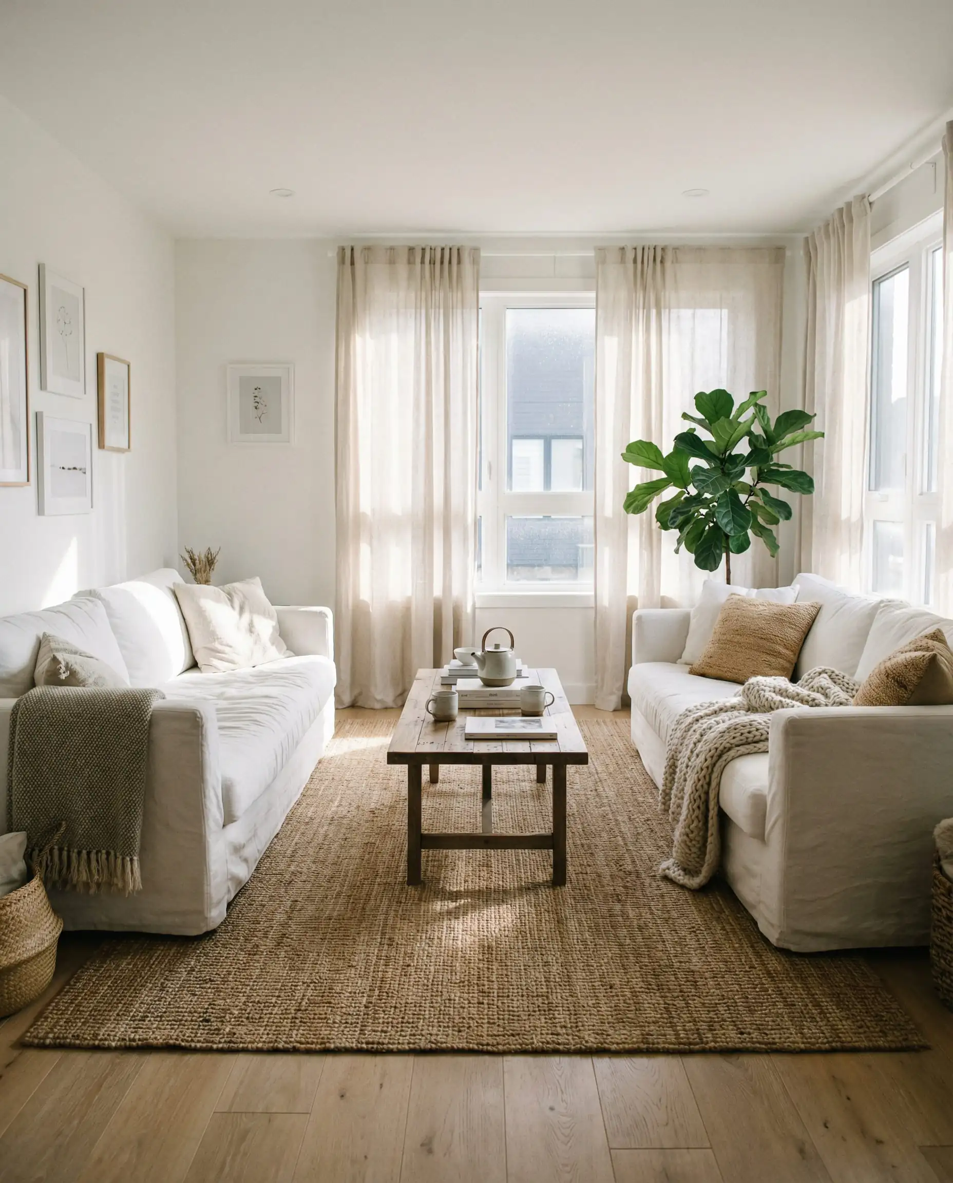A bright, casual living room with two white slipcovered linen sofas facing each other, styled with a wood coffee table and plants.