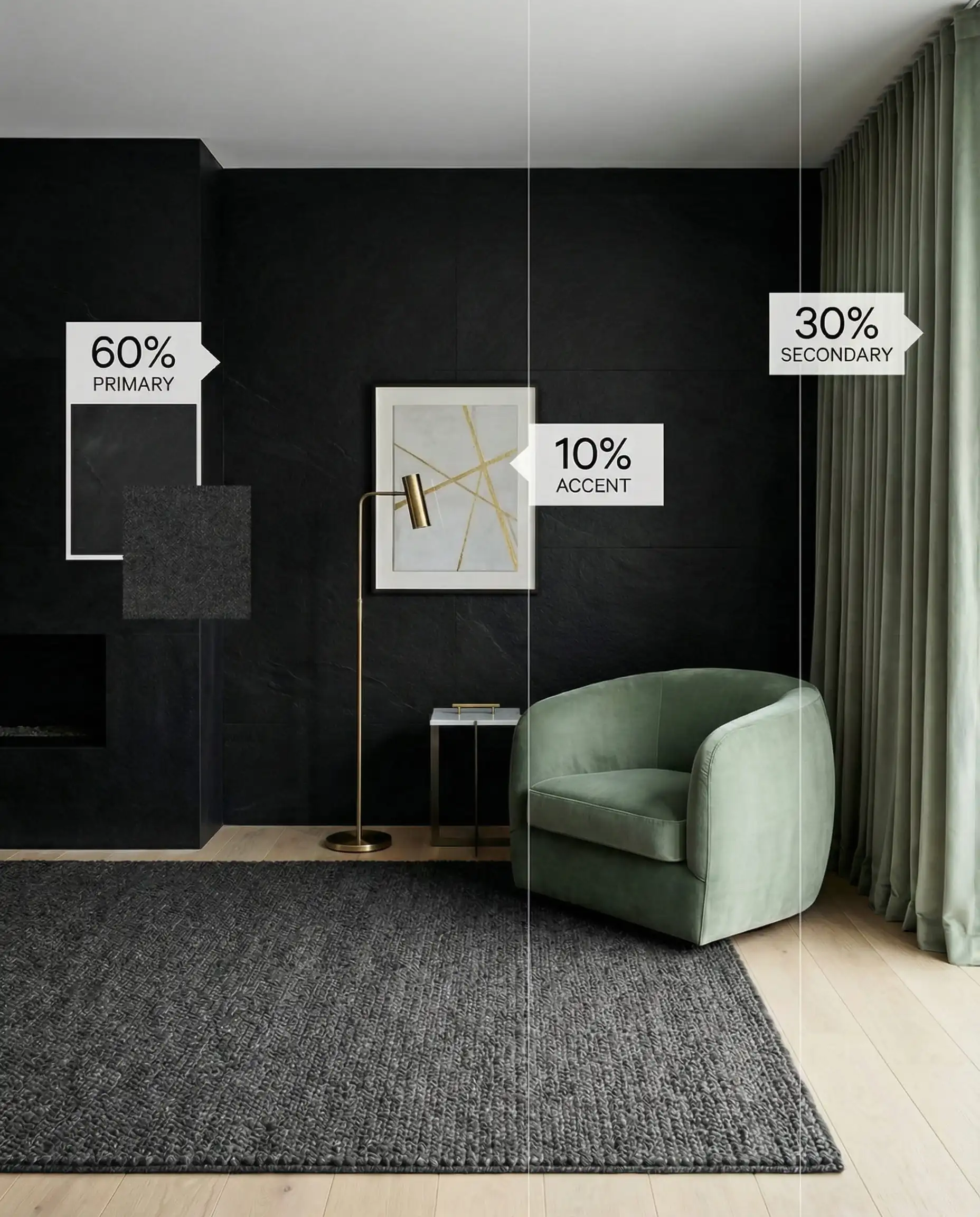 Infographic visualization of the 60-30-10 color rule showing black walls, sage green furniture, and gold accents.