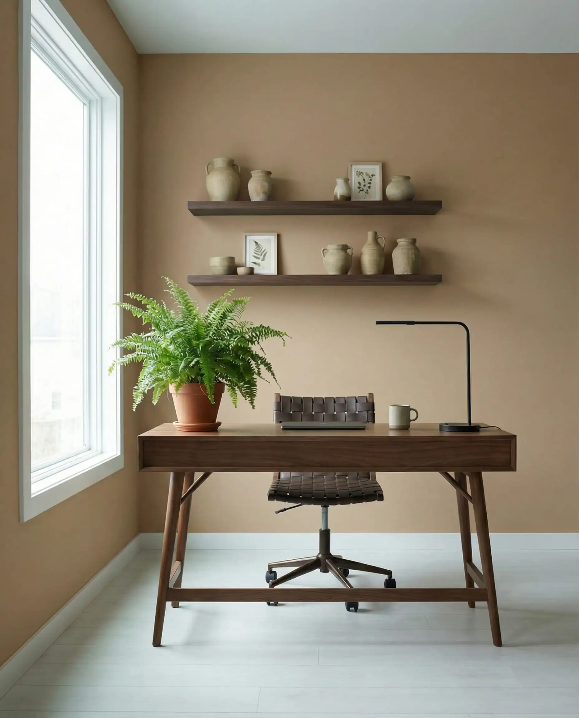 Calm home office with walls painted in Benjamin Moore Sherwood Tan 1054 and walnut desk.