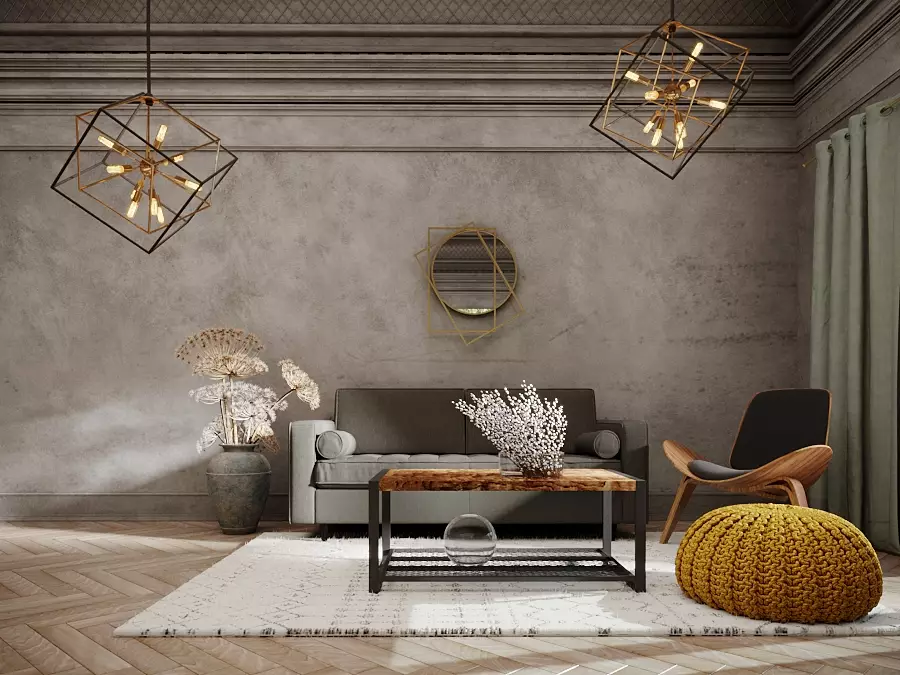 A modern industrial living room decor where geometry is everywhere