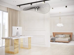 Accent pendants in an open-floor bedroom + home office