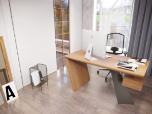 Architectural sleekness: intricately shaped office desk in a Modern working area