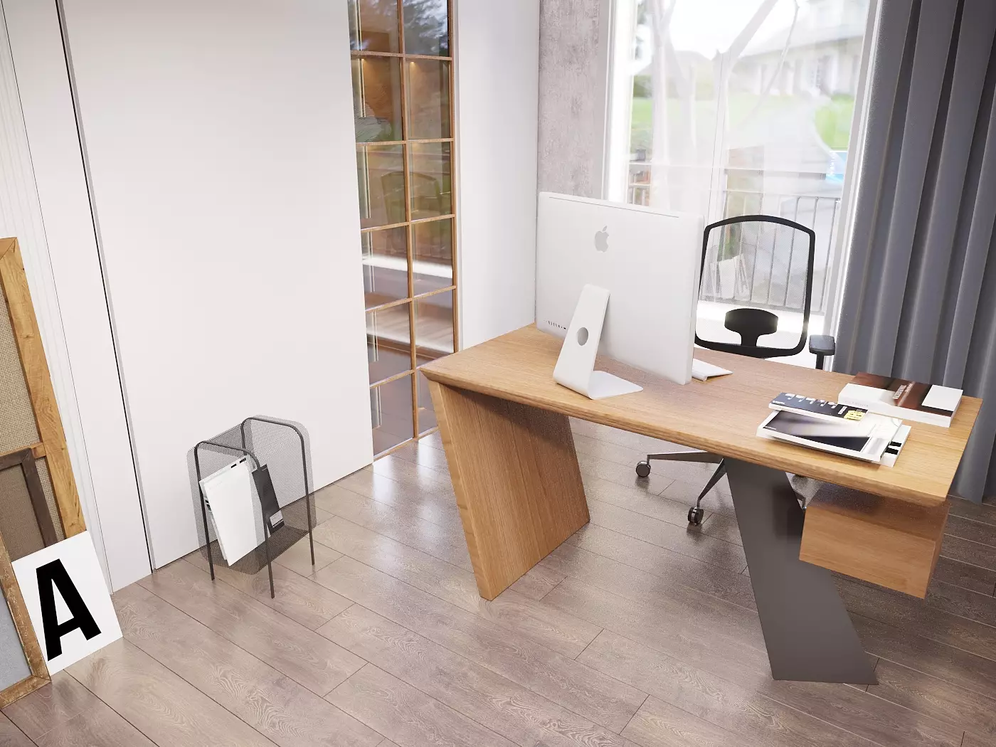 Architectural sleekness: intricately shaped office desk in a Modern working area