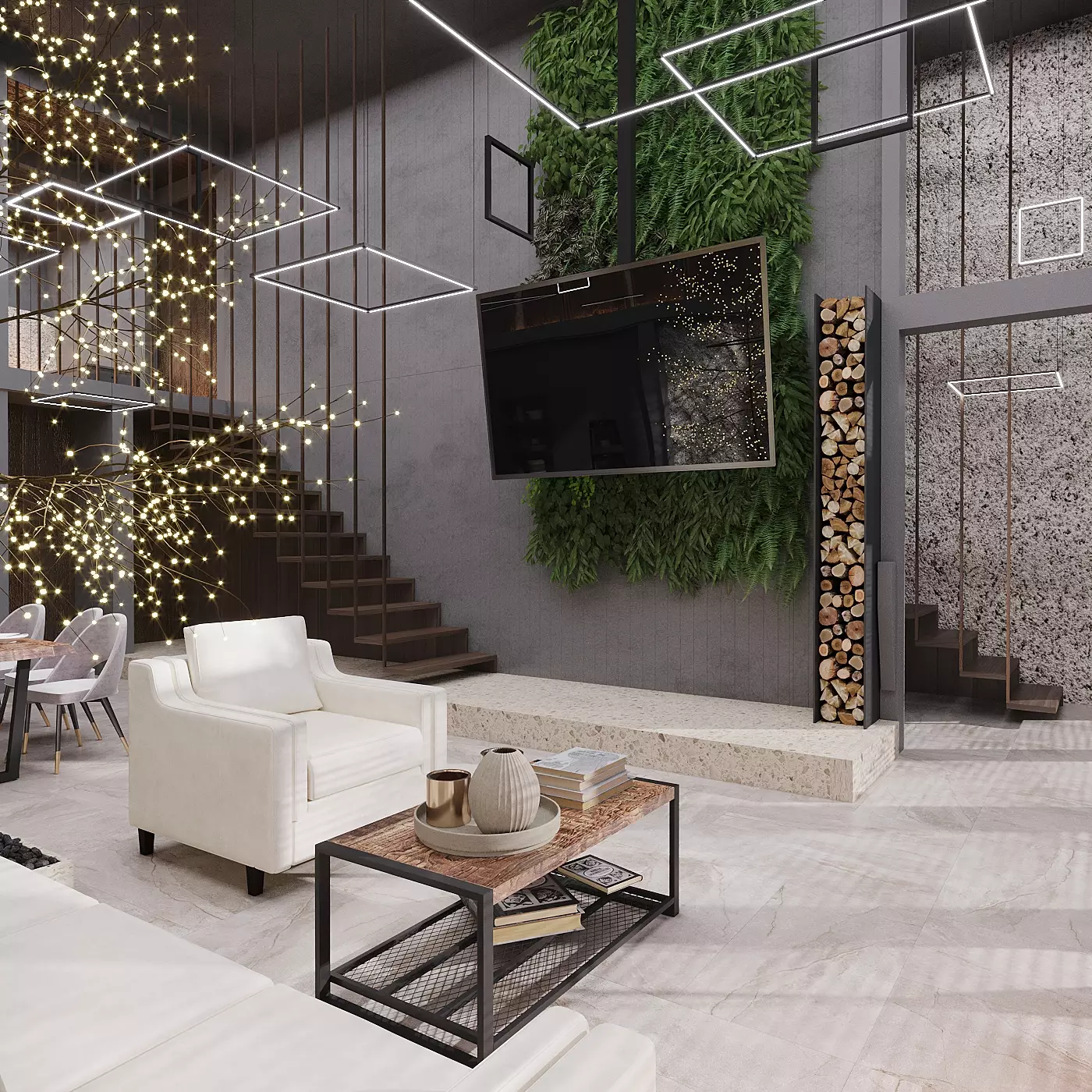 Biophilic design in a stylish cottage interior: a green wall in the seating area