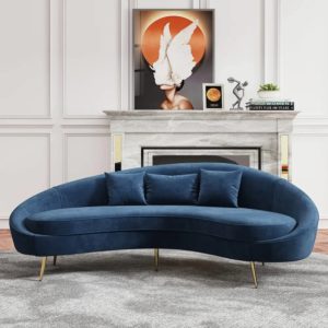 Blue velvet curved sofa with gold legs by Homary