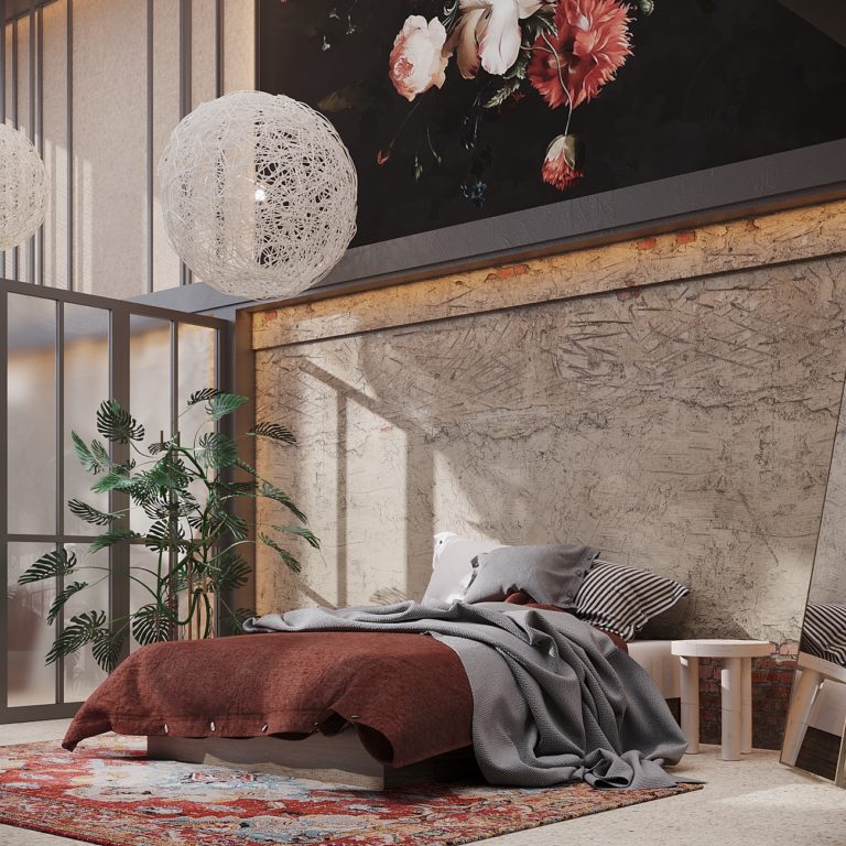 Concrete accent wall in a warm-colored loft bedroom