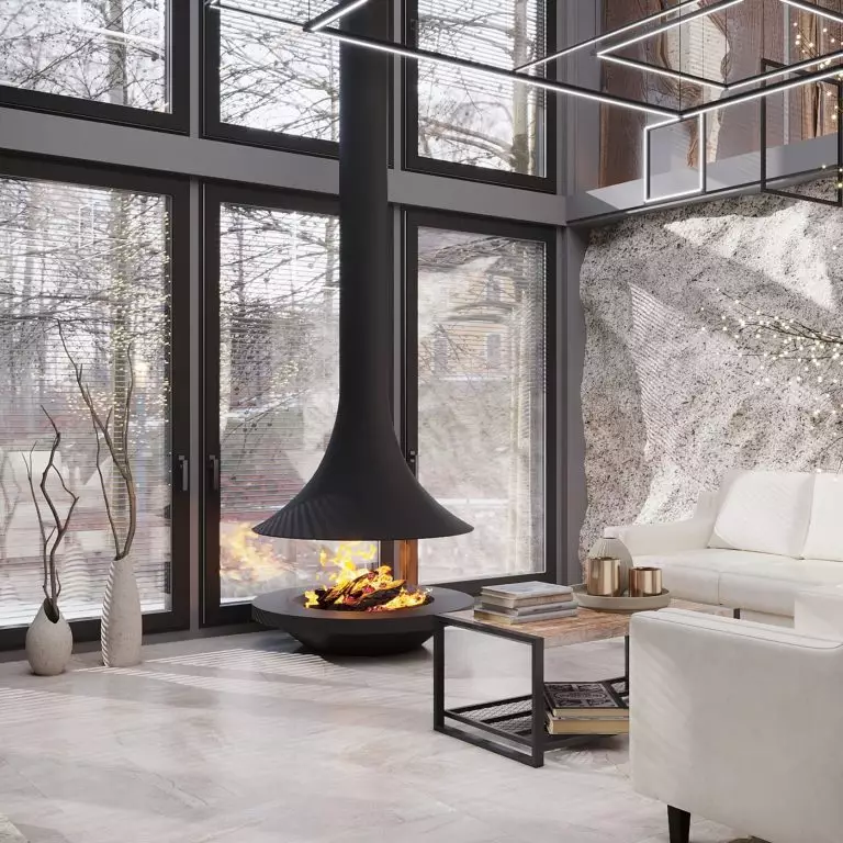 Contemporary fireplace with a cottage twist in a vacation house interior