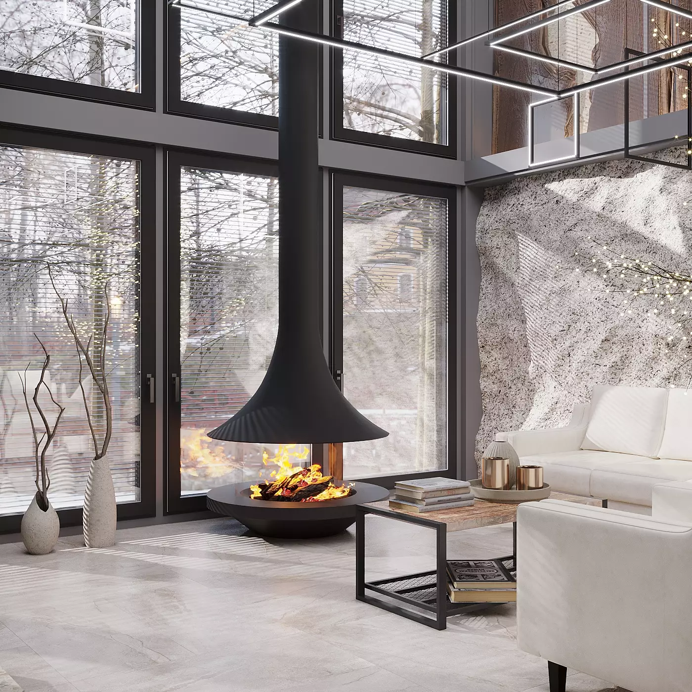 Contemporary fireplace with a cottage twist in a vacation house interior