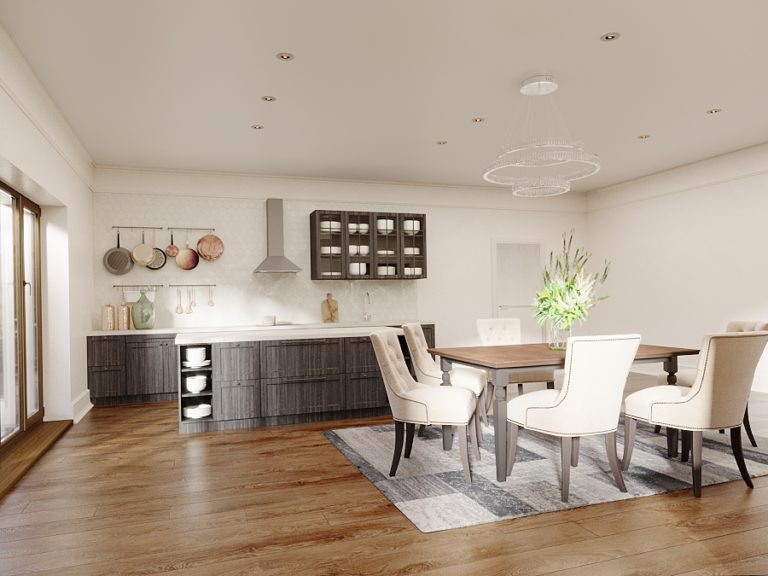 Contrasting colors and textures in a white kitchen