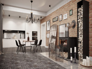 Cottage-like fireplace integrated into an apartment design
