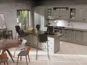 Edge-cutting kitchen island with seats + comfy dining area in the same interior