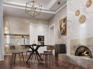 Harmonious kitchen area focused on white, gold, brown, and black