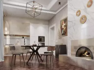 Harmonious kitchen area focused on white, gold, brown, and black