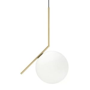 IC pendant with sleek brass frame and spherical white shade (large) by FLOS