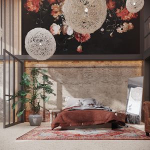 Inspirational floral motifs in a loft bedroom with an old factory backdrop