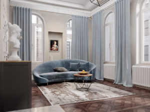 Modern curved velvet sofa in a Neoclassical interior