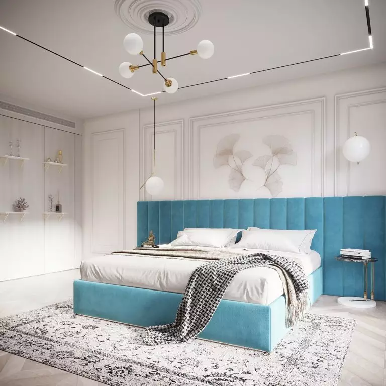 Sleek shapes and clean lines in a Modern bedroom with a blue Art Deco twist