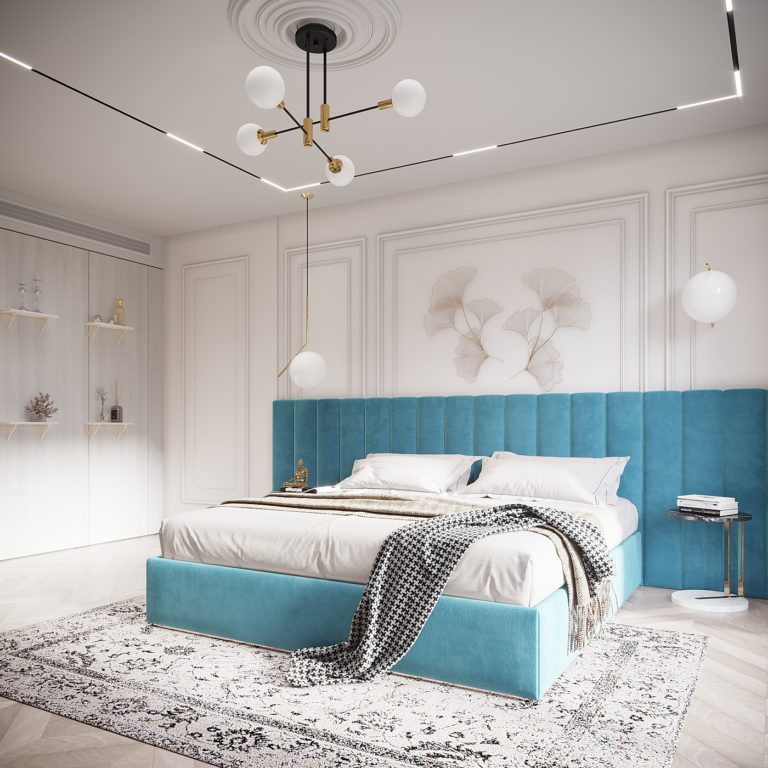 Sleek shapes and clean lines in a Modern bedroom with a blue Art Deco twist