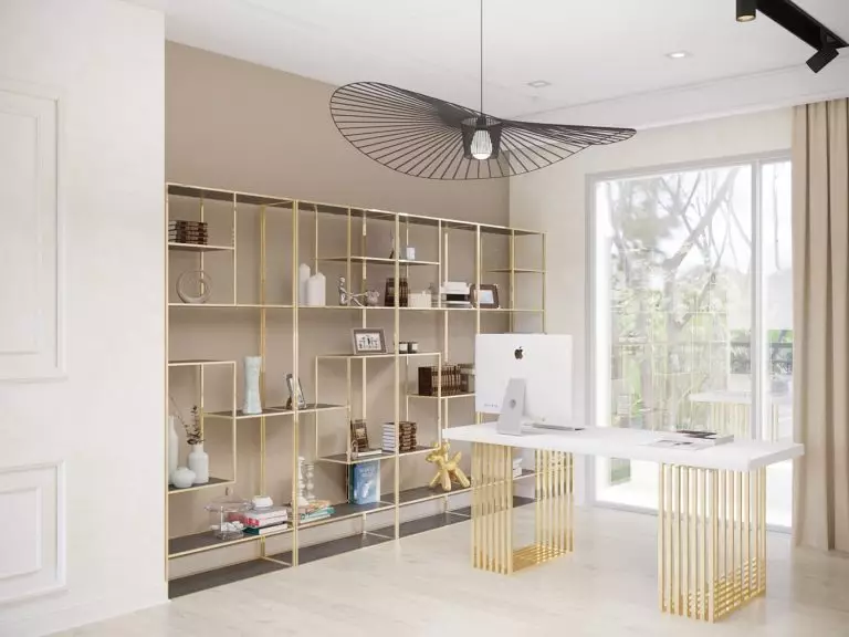 The timeless combination of beige, white, black, and gold in an integrated home office