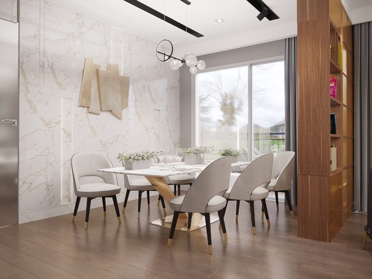 Traces of gold lift up the Modern dining area