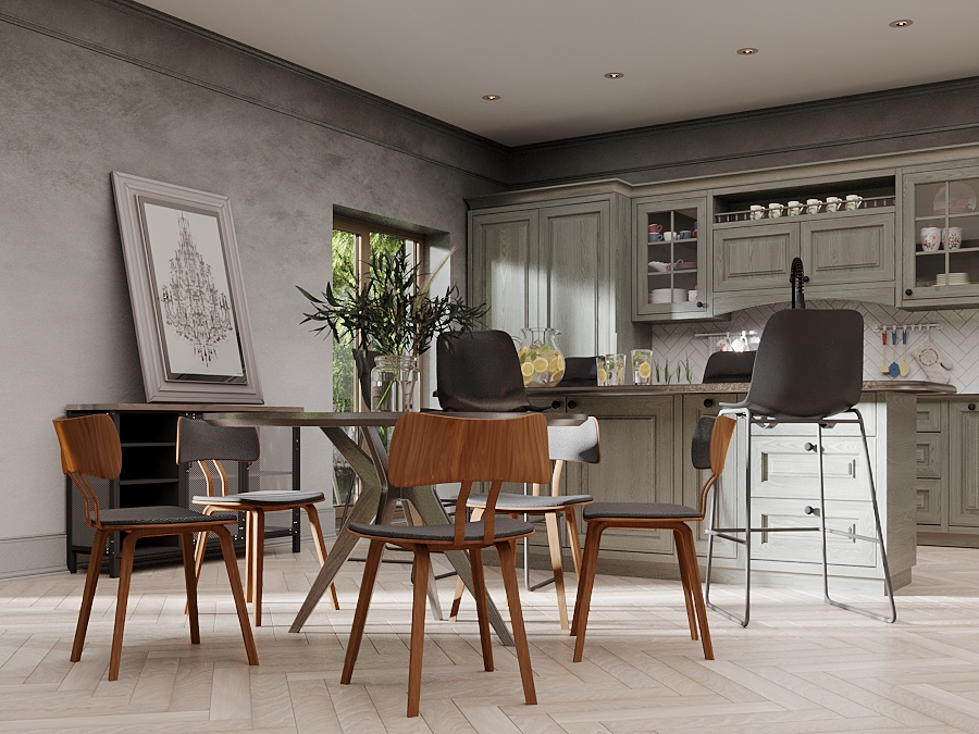 Warm wood texture on a cold concrete background in an open-floor kitchen