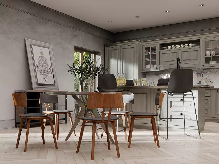 Warm wood texture on a cold concrete background in an open-floor kitchen