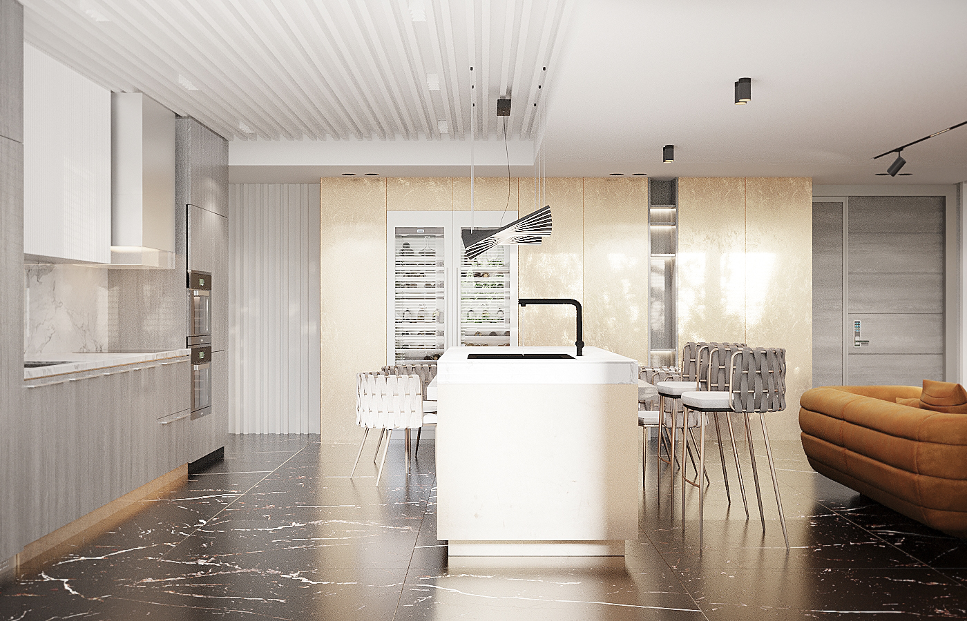 Well-lit kitchen with a gold accent wall