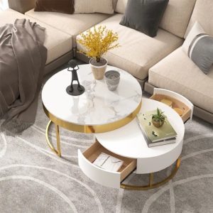 White and gold round nesting coffee table with marble top by Homary