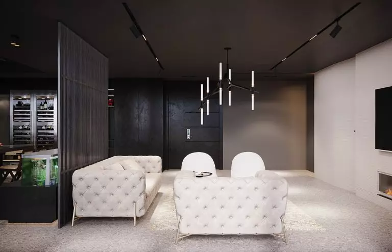White, black, and gray in their full bloom in a Modern seating area