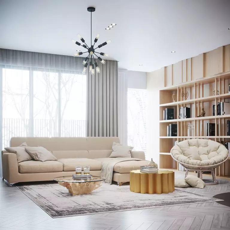 A balance of colors and feelings: beige and gray color scheme reigns over the classy living area