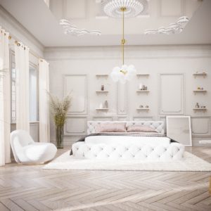 A king bed as the main focus in a white-based Neoclassical bedroom
