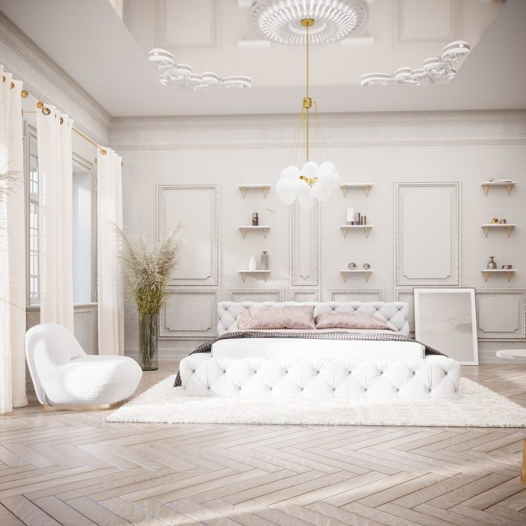 A king bed as the main focus in a white-based Neoclassical bedroom
