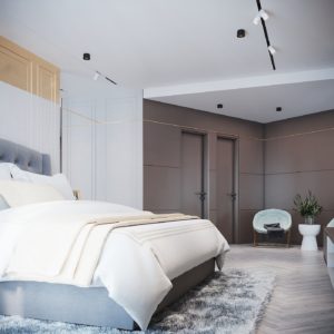 Contrast in everything: light and dark background, soft and hard flooring, smooth and edgy angles in the bedroom