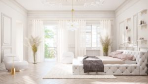 Golden sparkles brighten the soft color scheme of a Neoclassical bedroom