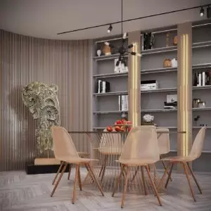 Mid-Century Modern-inspired dining area with glowing finishes