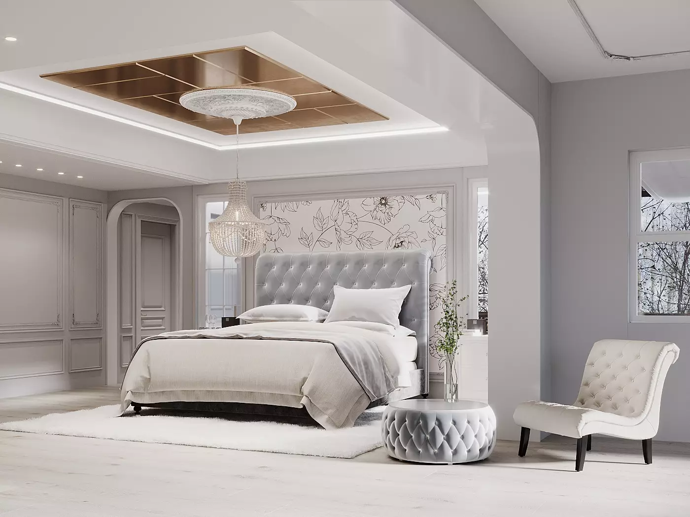 Tufted patterns and fine wall molding art in a spacious and well-lit gray bedroom