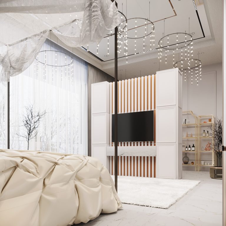 Cascade chandeliers throw contemporary splashes of light on the female bedroom