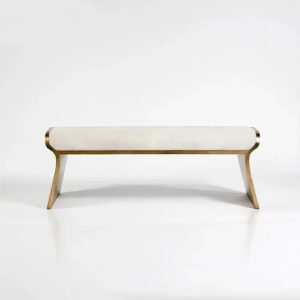 Narrow off-white bench with gold legs (leathaire upholstery) by Homary