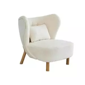 Off-white boucle wingback chair with wood legs (ergonomic seat) by Homary