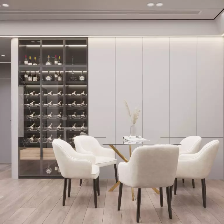 Practical and authentic built-in wine racks in a minimalist dining area
